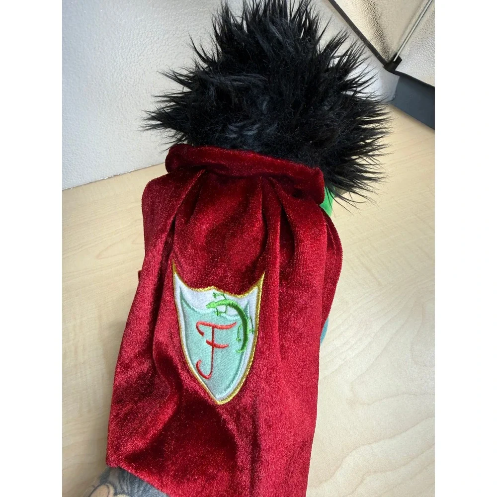 Prince Hero Hand Puppet with Red Velvet Dragon Crest Cape Black Hair Crown Plush